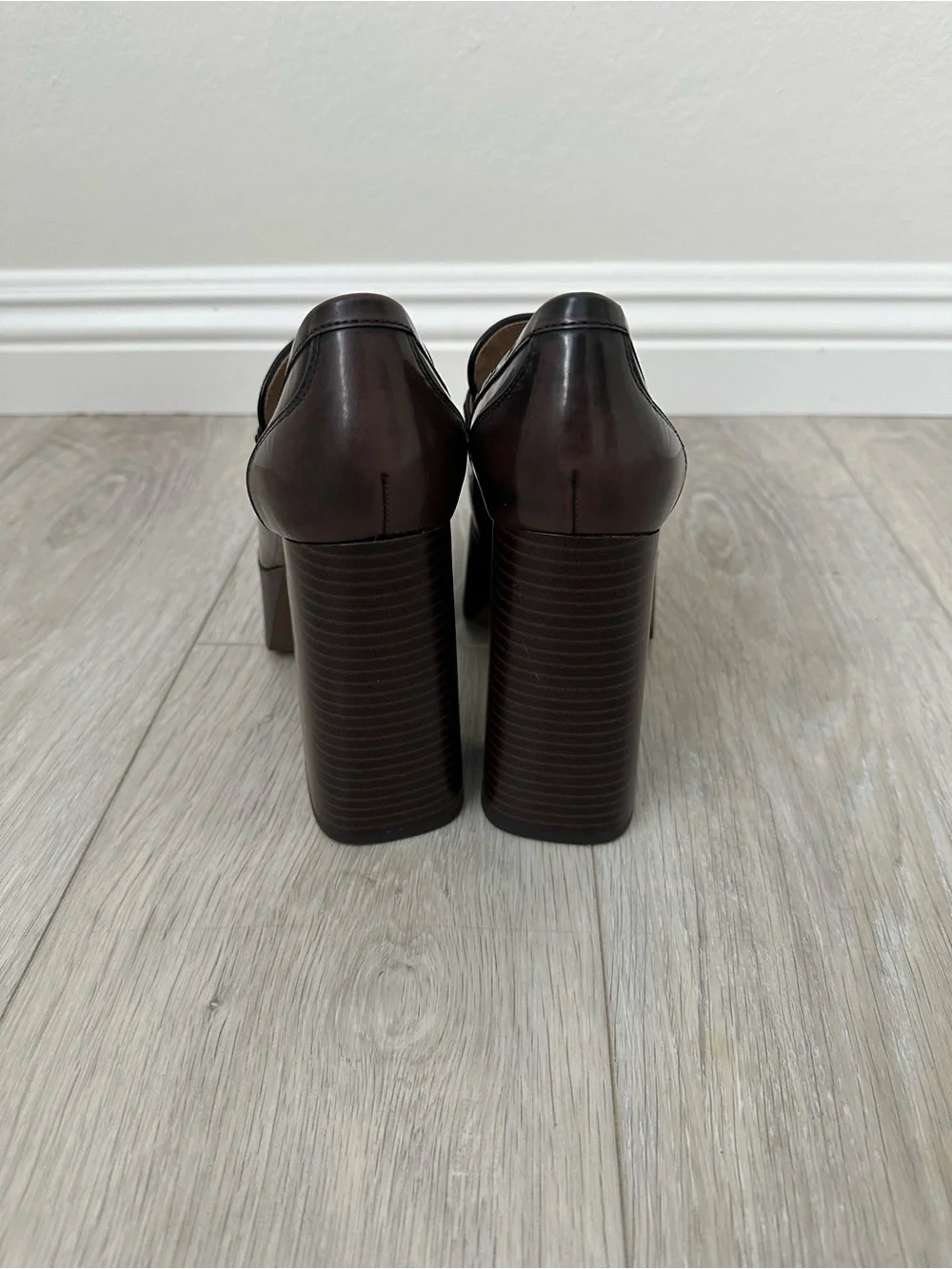 Sam Edelman Brown Patent Platform Block Heel Loafers with Gold Chain Accent